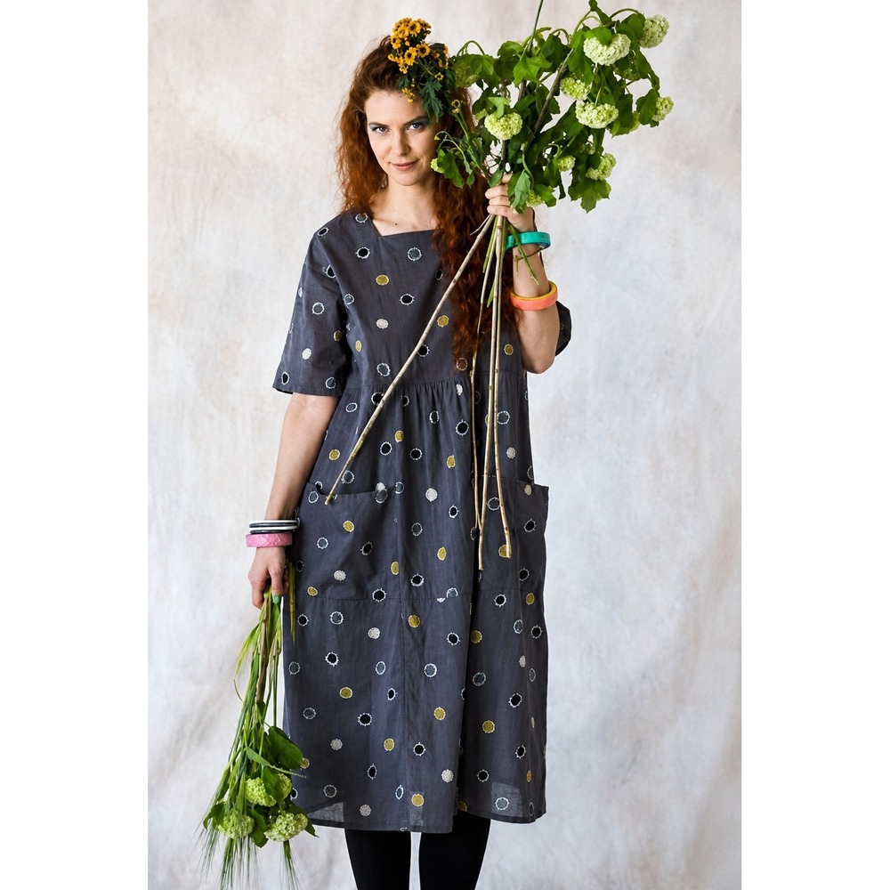 Gudrun Sjoden charcoal gray midi dress with white and yellow dot print